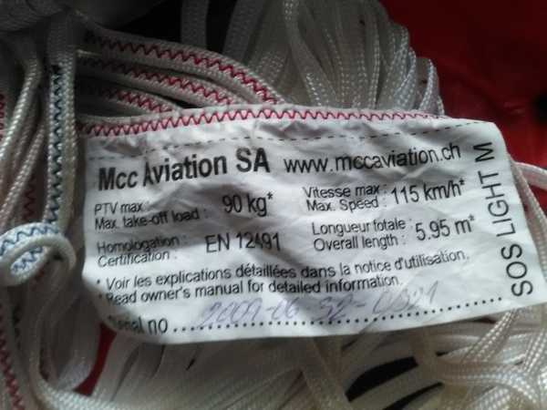 Parachute MCC SOS Light : Parachute Secours Parapente MCC Sos light M. Parachute Secours Parapente MCC Sos light M